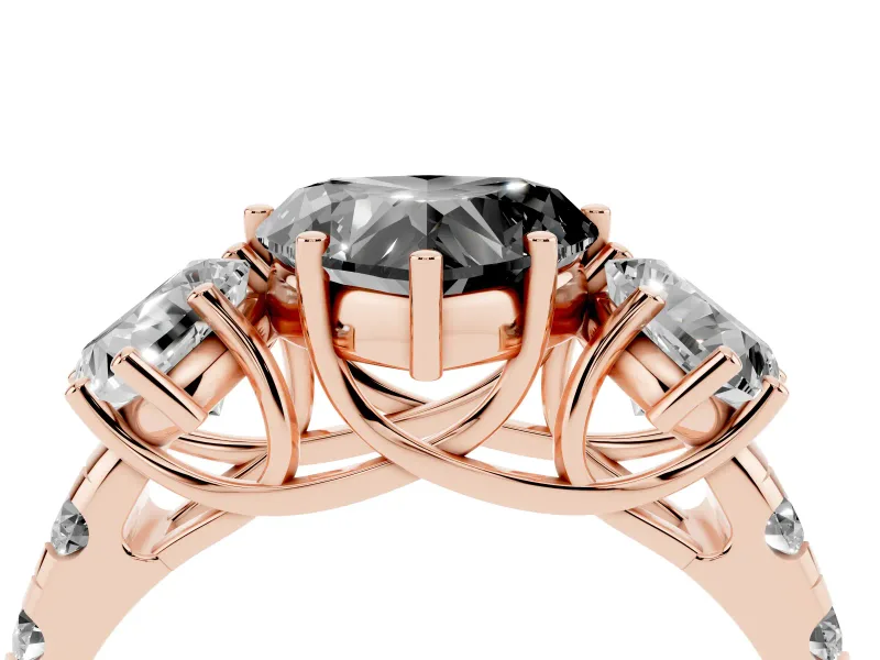 Fancy Black Heart Cut Diamond Three-Stone Ring Set in Rose gold with Pavé Band
