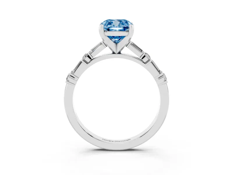 Fancy Blue Cushion Cut Diamond Solitaire Set in White gold with Side Baguettes and Channel Set Band