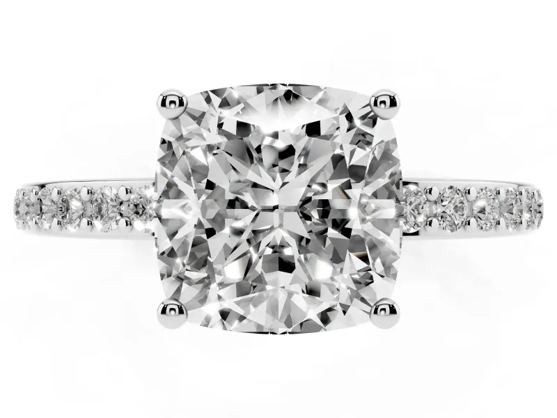 Cushion Cut Diamond Pavé Band Ring Set in Silver with Prong-Set Center Stone