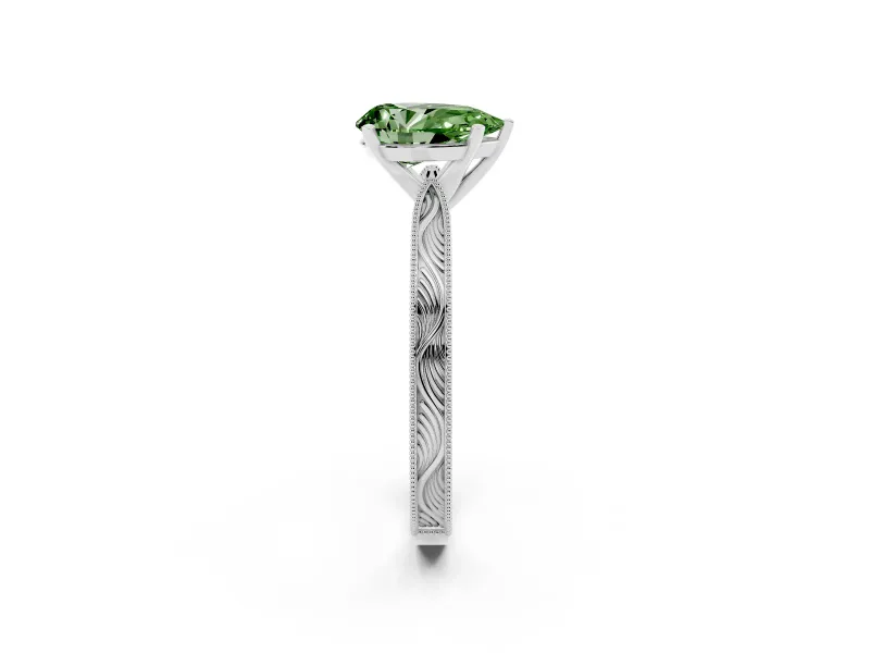 Fancy Green Pear Cut Diamond Solitaire Milgrain Engraved Band Set in Silver with Prong Setting
