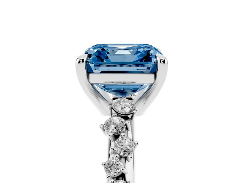 Fancy Blue Asscher Cut Diamond Solitaire Vine Band Ring Set in White gold with Round Accents and Prong Setting