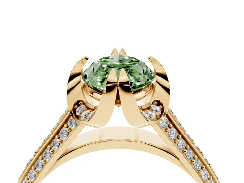 Fancy Green Marquise Cut Diamond Pavé Split Shank Solitaire Ring Set in Yellow gold with Prong Setting