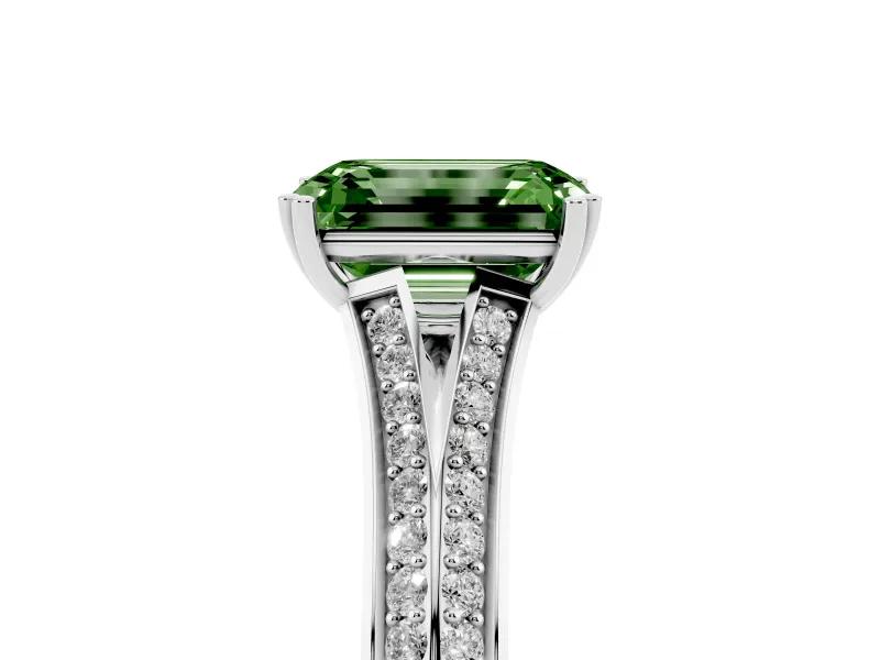 Emerald Cut Pave Split Shank Engagement Ring Setting for a Fancy Green Lab-Grown Diamond | Double Claw Prongs | Platinum