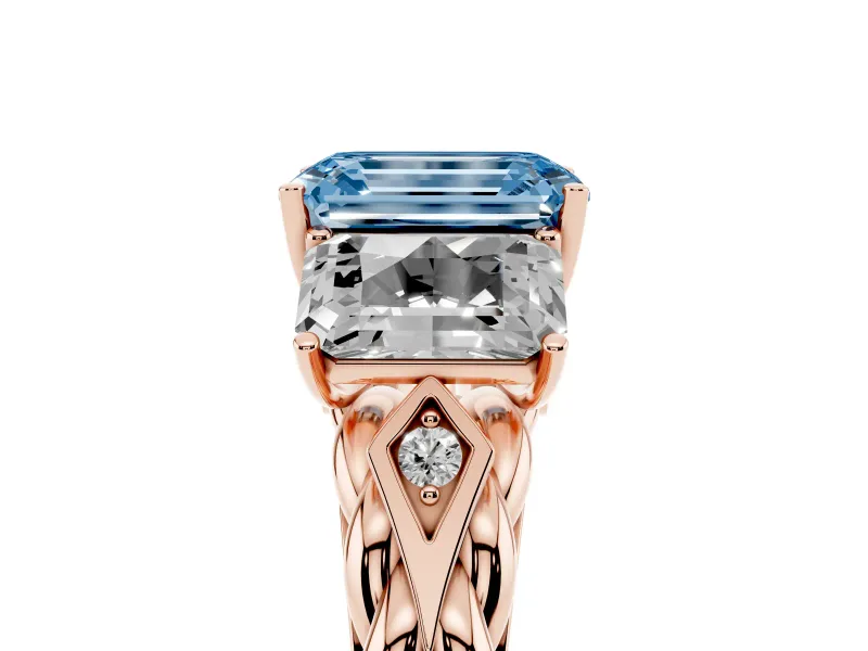 Fancy Blue Emerald Cut Diamond Three-Stone Ring Set in Rose gold with Braided Band