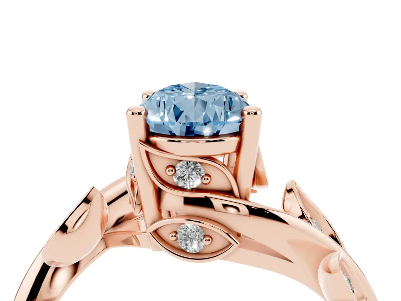 Fancy Blue Pear Cut Diamond Solitaire Twist Engagement Ring Set in Rose gold with Pavé Leaf Accents