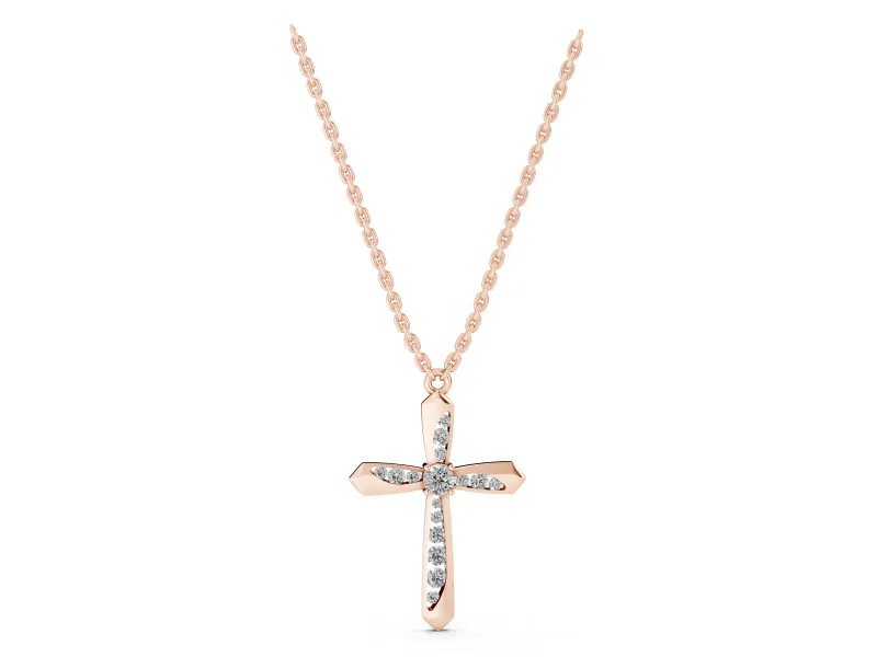 Round Lab-Grown Diamond Pavé Cross Pendant Necklace | Flared Pointed Arms | Rose Gold