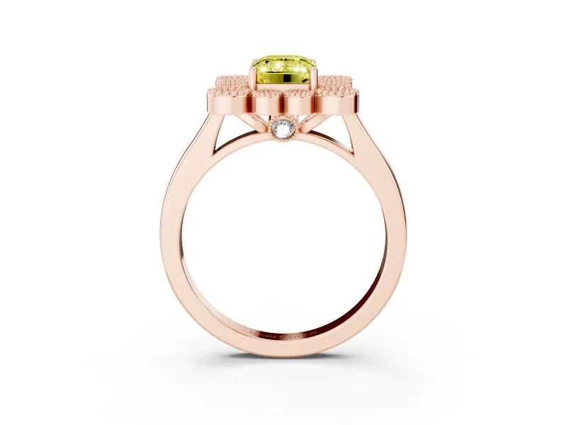 Emerald Cut Milgrain Cluster Halo Engagement Ring Setting for a Fancy Yellow Lab-Grown Diamond | Plain Band | Rose Gold
