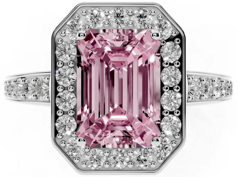 Fancy Pink Emerald Cut Diamond Halo Pavé Engagement Ring Set in Silver with Bezel Setting