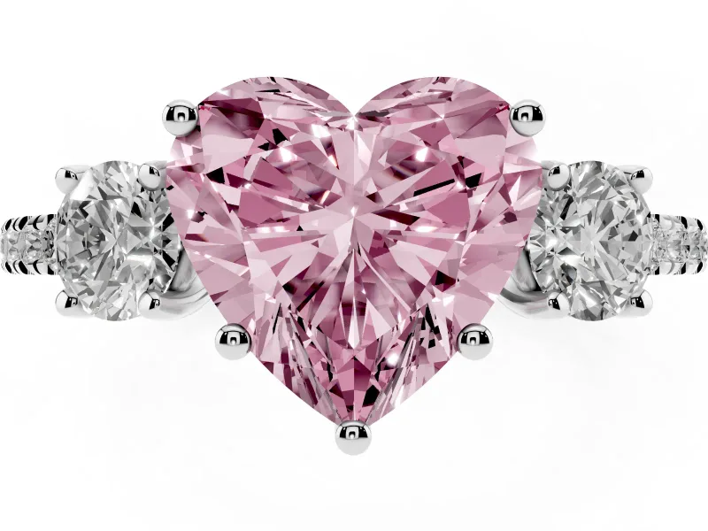 Heart-Shaped Three Stone Engagement Ring Setting for a Fancy Pink Lab-Grown Diamond | Pave Shoulders | Sterling Silver