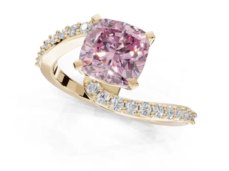 Cushion Cut Bypass Pavé Engagement Ring Setting for a Fancy Pink Lab-Grown Diamond | Yellow Gold