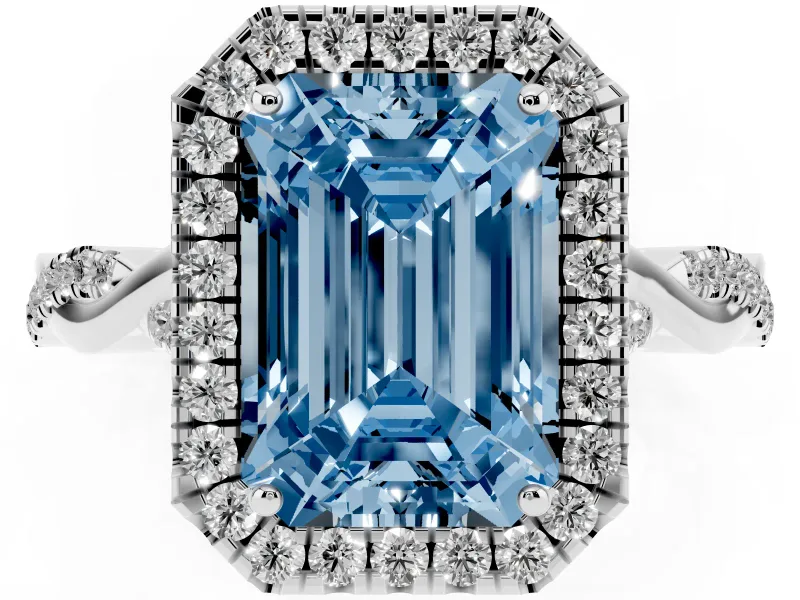 Emerald Cut Twist Halo Engagement Ring Setting for a Fancy Blue Lab-Grown Diamond | Platinum