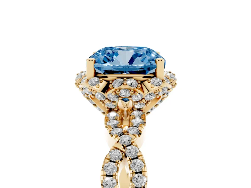 Fancy Blue Cushion Cut Diamond Halo Twist Band Solitaire Ring Set in Yellow gold with Prong-Set Center Stone