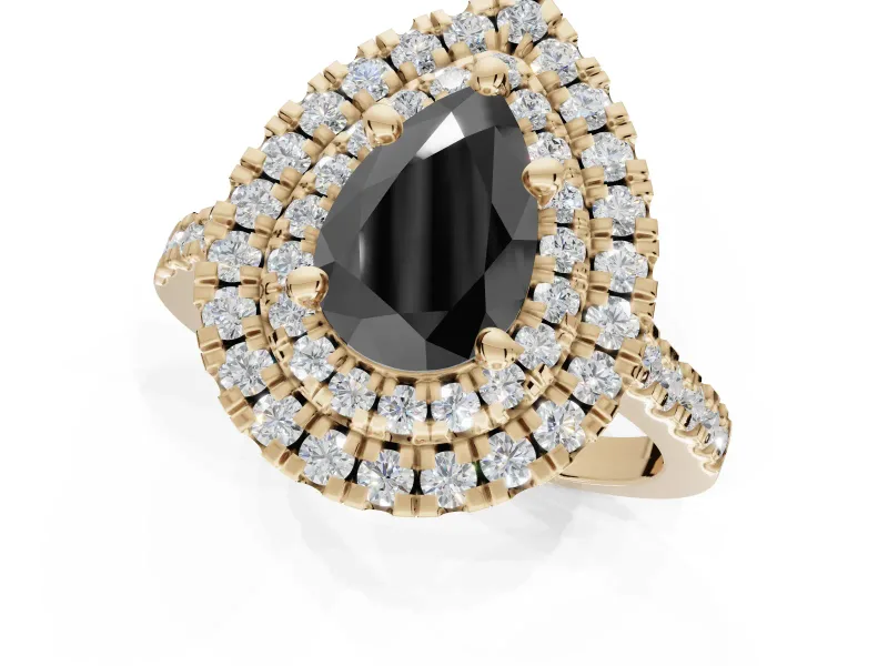 Fancy Black Pear-Shaped Lab-Grown Diamond Double Halo Statement Ring Set in Yellow Gold with Pavé Band