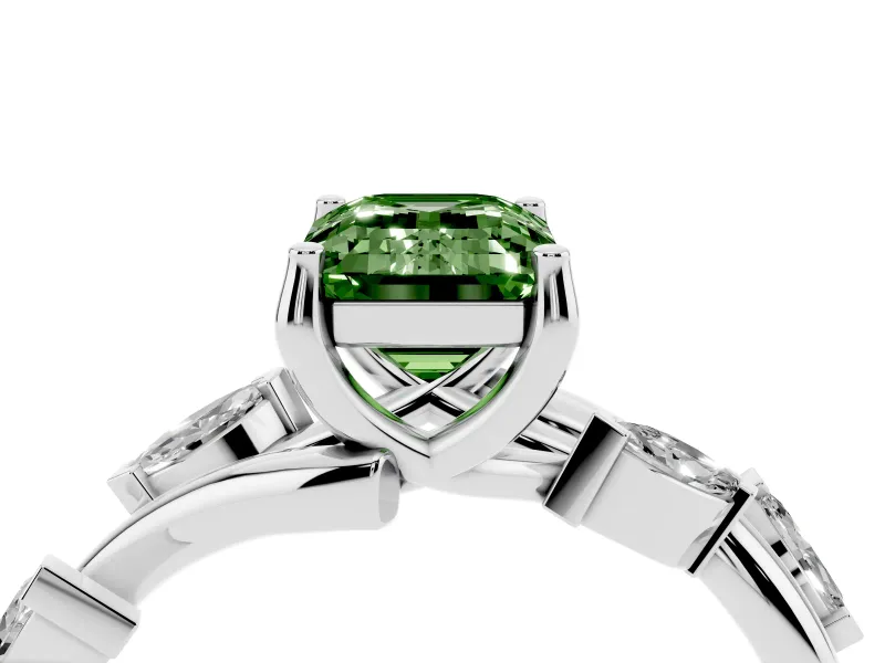 Fancy Green Emerald Cut Diamond Solitaire Ring Set in Silver with Twisted Marquise Accent Band