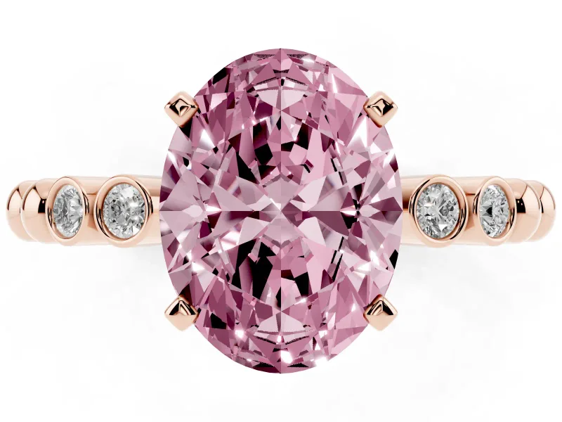 Fancy Pink Oval Cut Diamond Solitaire Engagement Ring Set in Rose gold with Bezel Accents on Beaded Band