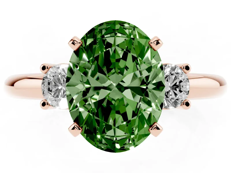Fancy Green Three-Stone Oval Cut Diamond Ring Set in Rose gold with Prong Setting and Plain Band