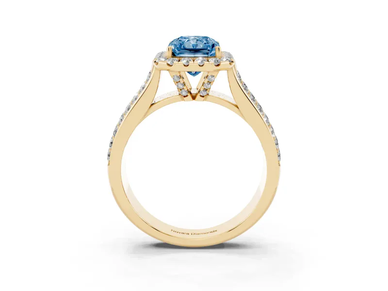 Radiant Cut Pavé Engagement Ring Setting for a Fancy Blue Lab-Grown Diamond | Wide Three-Row Band | Yellow Gold