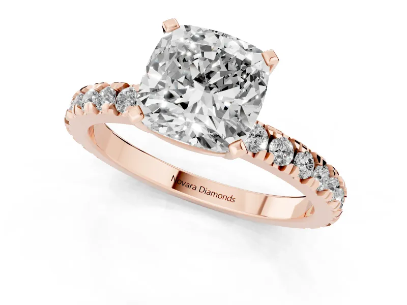 Cushion Cut Diamond Pavé Band Solitaire Set in Rose gold with Prong Setting