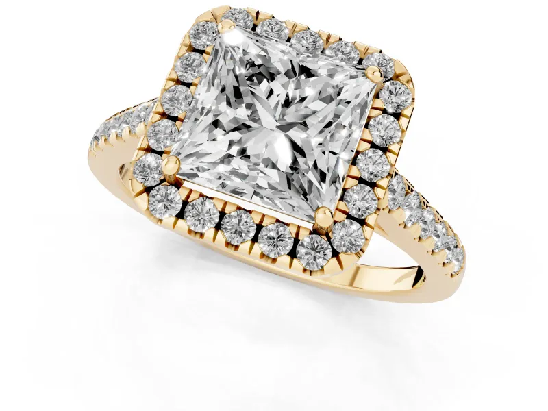 Princess Cut Halo Engagement Ring Setting | Pave Shoulders | Yellow Gold