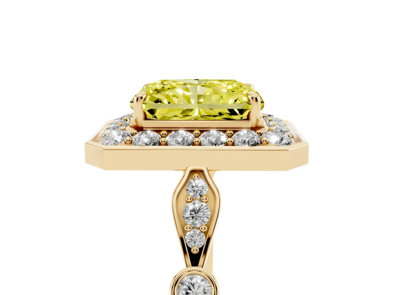 Radiant Cut Halo Engagement Ring Setting for a Fancy Yellow Lab-Grown Diamond | Bezel Station Shoulders | Yellow Gold