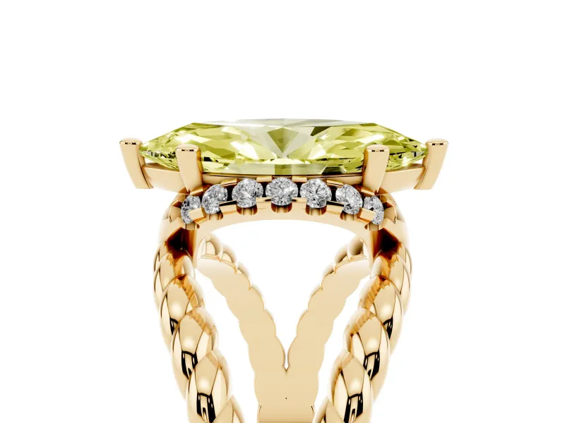 Fancy Yellow Marquise Cut Diamond Halo Ring Set in Yellow gold with Twisted Band and Prong Setting