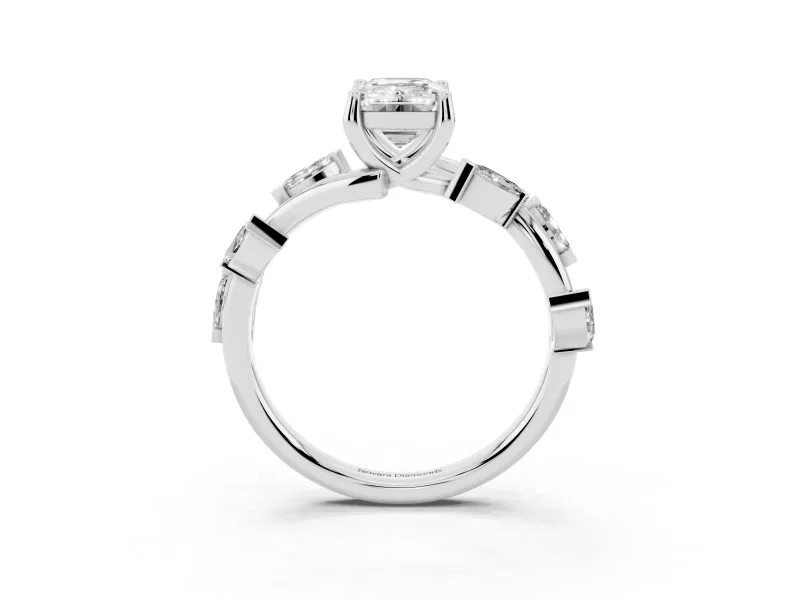 Emerald Cut Diamond Solitaire Ring Set in White gold with Twisted Marquise Accent Band