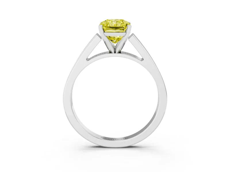Fancy Yellow Radiant Cut Diamond Solitaire Engagement Ring Set in Platinum with Prong Setting and Tapered Band