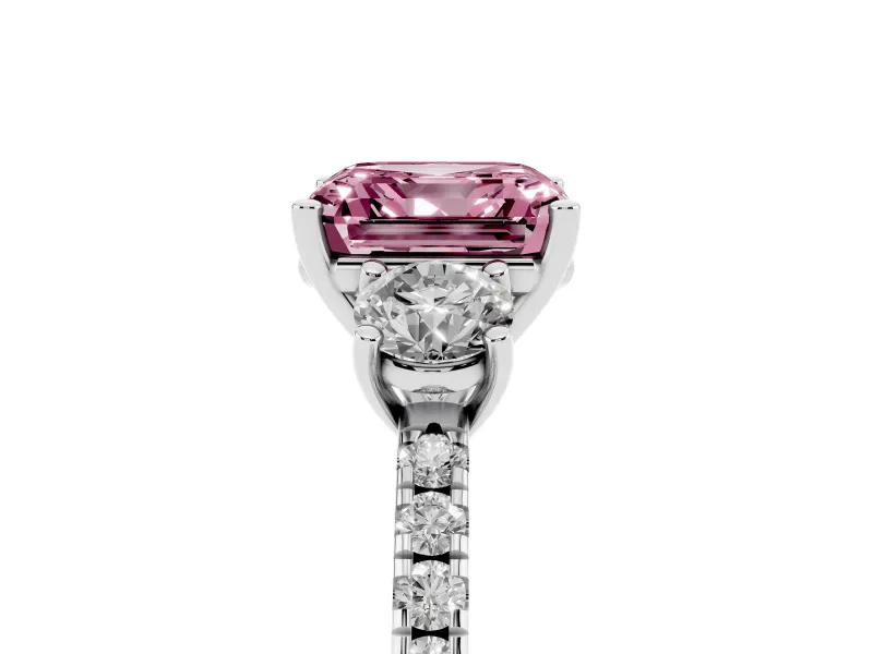 Asscher Cut Three Stone Engagement Ring Setting for a Fancy Pink Lab-Grown Diamond | Pave Shoulders | Platinum