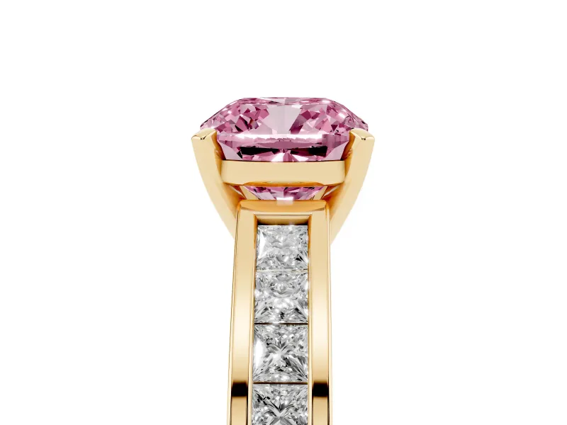 Fancy Pink Cushion Cut Diamond Solitaire Ring Set in Yellow gold with Channel-Set Band and Prong Setting