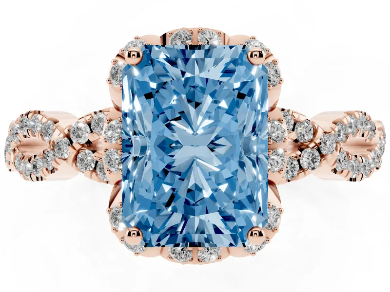 Radiant Cut Milgrain Halo Engagement Ring Setting for a Fancy Blue Lab-Grown Diamond | Graduated Shoulders | Rose Gold