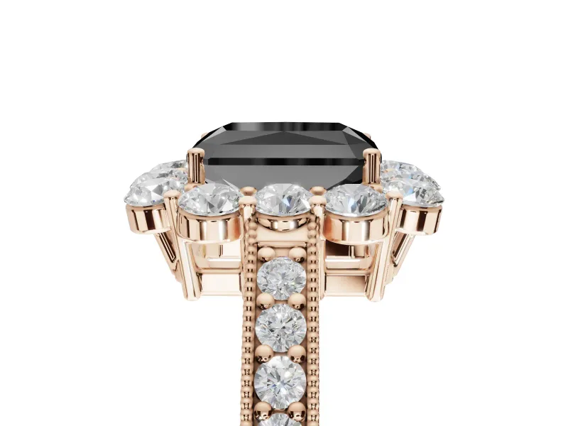 Fancy Black Radiant Cut Lab-Grown Diamond Halo Pavé Engagement Ring Set in Rose Gold with Milgrain Detailing