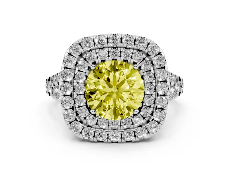 Fancy Yellow Round Cut Diamond Double Halo Ring Set in White gold with Pavé Split Shank and Prong Setting