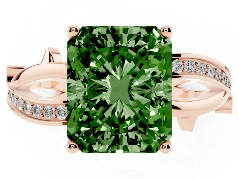 Fancy Green Radiant Cut Diamond Pavé Twist Band Solitaire Ring Set in Rose gold with Prong Setting