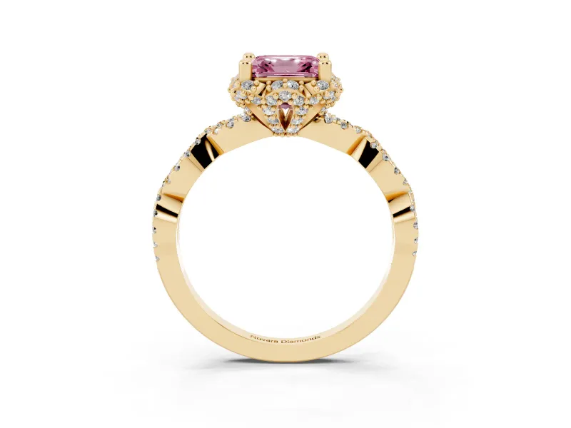 Fancy Pink Asscher Cut Diamond Halo Twist Band Solitaire Ring Set in Yellow gold with Prong-Set Center Stone