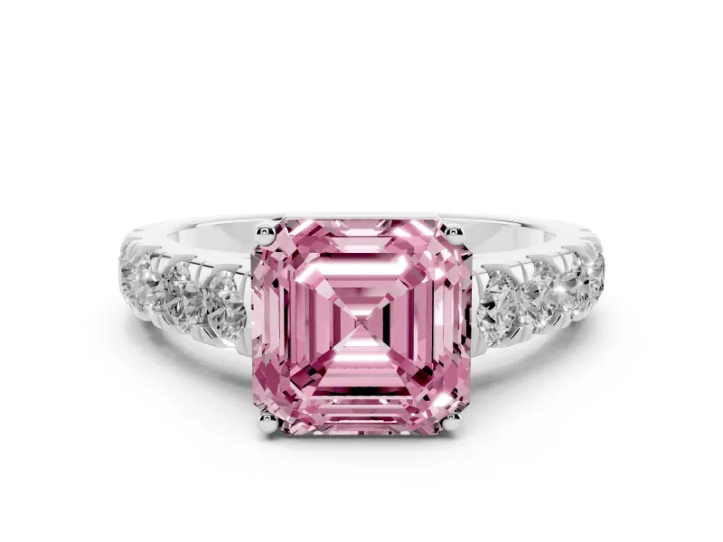 Fancy Pink Asscher Cut Diamond Solitaire Ring Set in Platinum with Cut-Down Micro Pavé Band and Prong Setting
