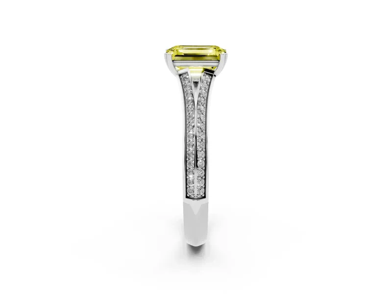 Emerald Cut Split Shank Engagement Ring Setting for a Fancy Yellow Lab-Grown Diamond | Pave Band | Sterling Silver