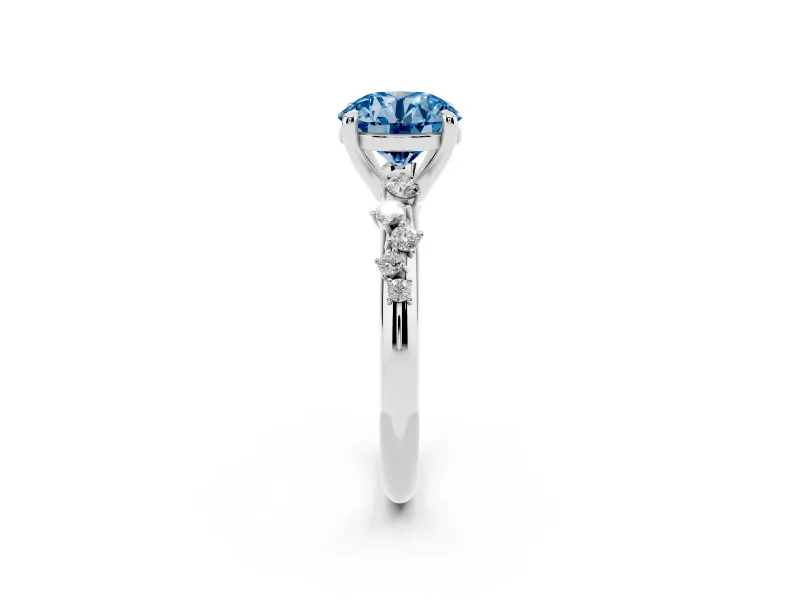 Fancy Blue Round Cut Diamond Solitaire Vine Band Ring Set in Silver with Round Accents and Prong Setting
