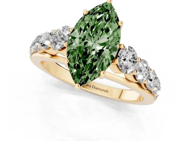 Marquise Graduated Side Stone Engagement Ring Setting for a Fancy Green Lab-Grown Diamond | Flat Top Band | Yellow Gold