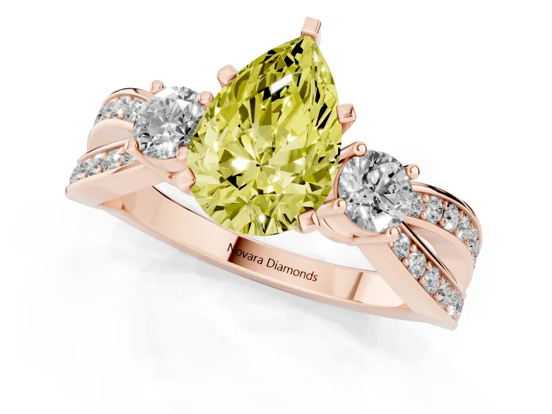 Fancy Yellow Three-Stone Pear Cut Diamond Twist Band Ring Set in Rose gold with Pavé Accents and Prong Setting
