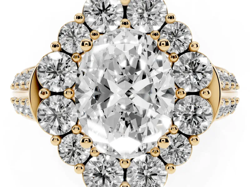 Oval Cut Diamond Halo Engagement Ring Set in Yellow gold with Split Shank and Prong Setting
