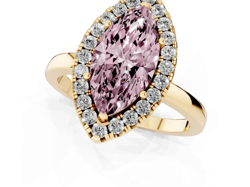 Fancy Pink Marquise Cut Diamond Halo Solitaire Ring Set in Yellow gold with Pavé Band and Prong Setting