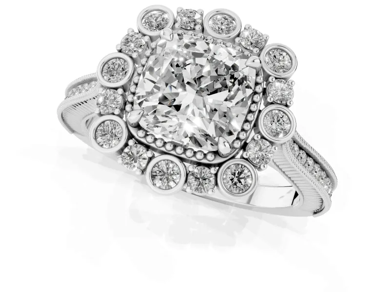 Cushion Cut Diamond Halo Milgrain Pavé Ring Set in White gold with Prong Setting