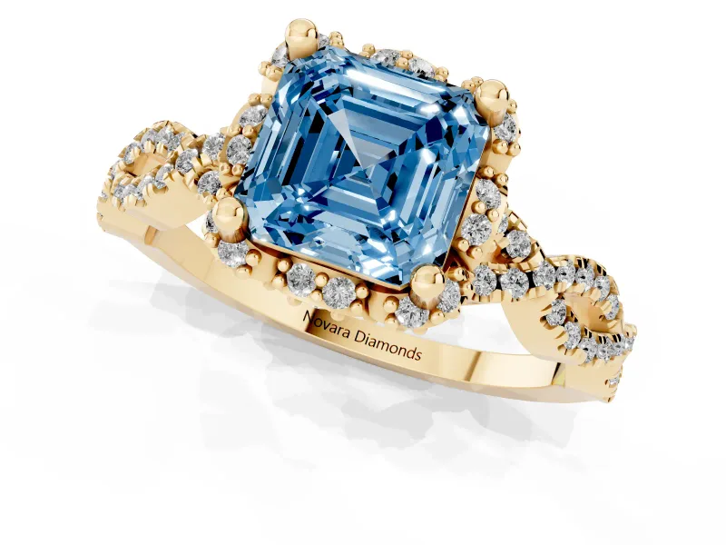Fancy Blue Asscher Cut Diamond Halo Twist Band Solitaire Ring Set in Yellow gold with Prong-Set Center Stone