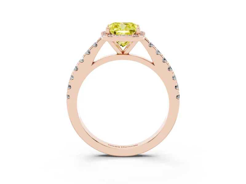 Fancy Yellow Cushion Cut Diamond Halo Engagement Ring Set in Rose gold with Pavé Band and Prong Setting