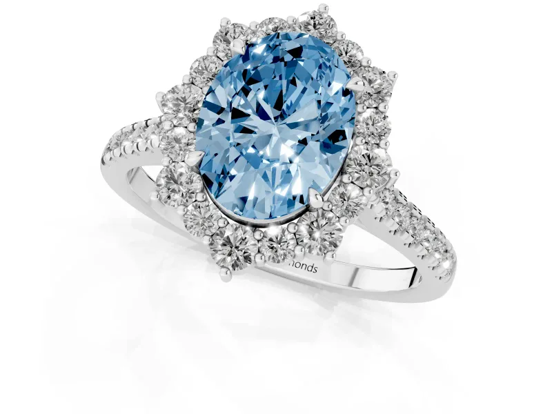 Oval Scalloped Halo Engagement Ring Setting for a Fancy Blue Lab-Grown Diamond | Single Row Pave | Sterling Silver