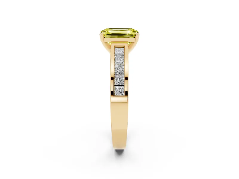 Fancy Yellow Emerald Cut Diamond Solitaire Ring Set in Yellow gold with Channel-Set Band and Prong Setting