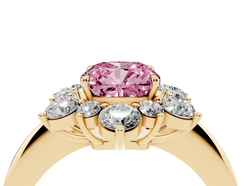 Cushion Cut Cluster Halo Engagement Ring Setting for a Fancy Pink Lab-Grown Diamond | Yellow Gold