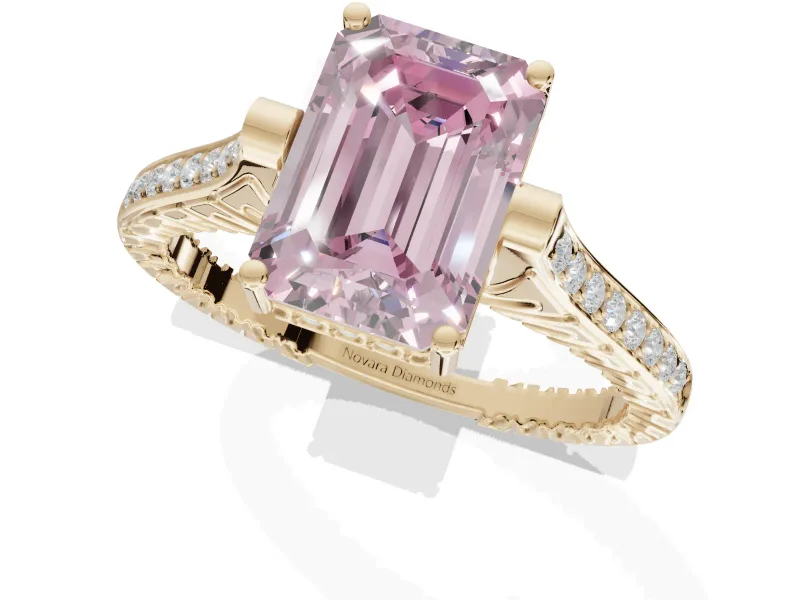 Emerald Cut Vintage Cathedral Engagement Ring Setting for a Fancy Pink Lab-Grown Diamond | Carved Band | Yellow Gold