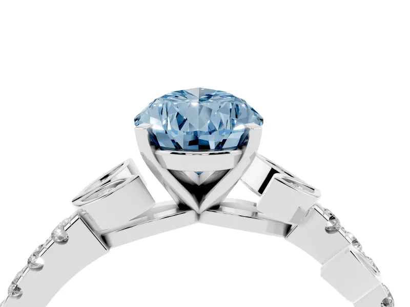 Fancy Blue Pear Cut Diamond Solitaire Leaf-Inspired Ring Set in White gold with Pavé Band and Prong Setting
