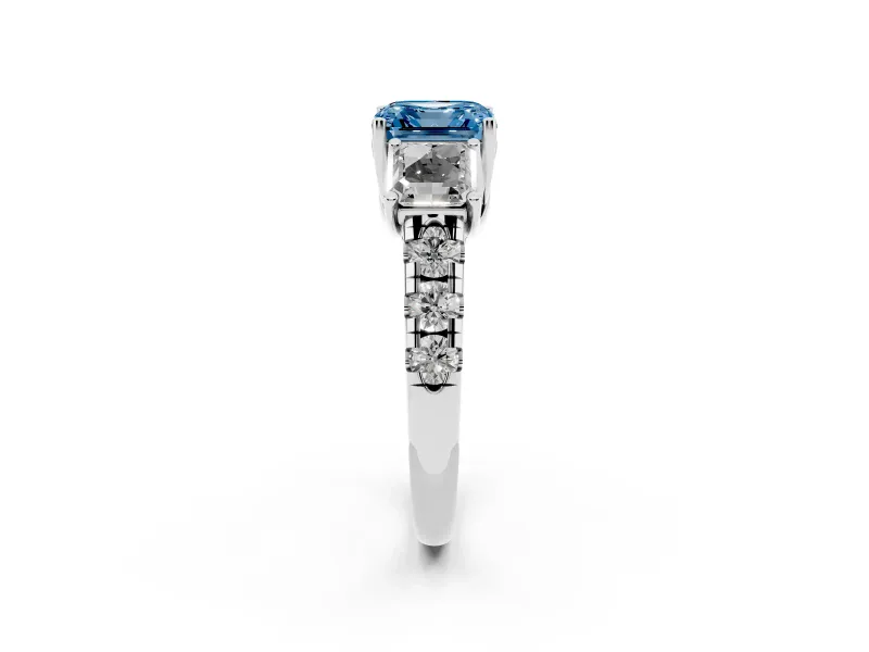 Asscher Cut Three Stone Engagement Ring Setting for a Fancy Blue Lab-Grown Diamond | Accented Shoulders | Platinum